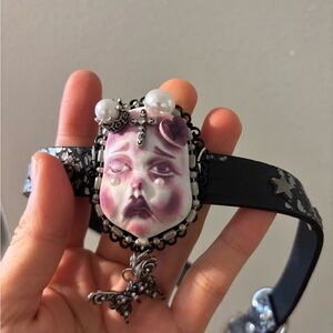 Black and Silver Choker with Pink Face Pendant